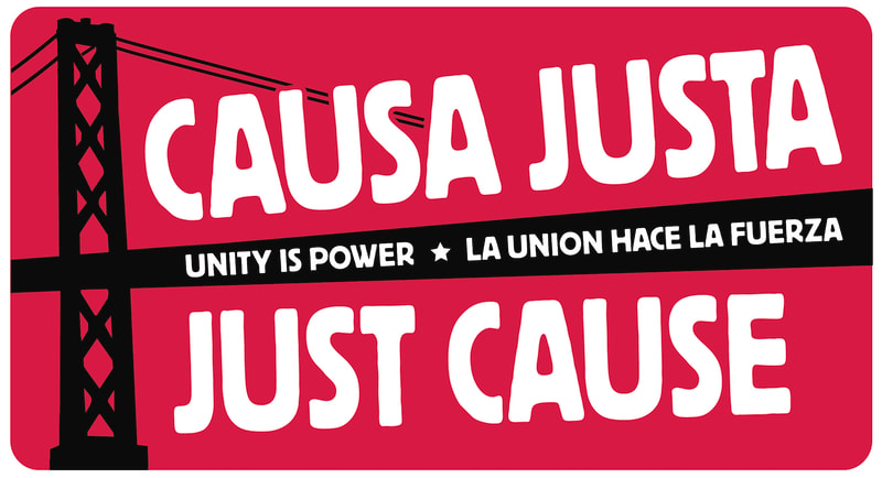 The Causa Justa Just Cause logo with a Bay Bridge and the slogan "unity is power / la union hace la fuerza"