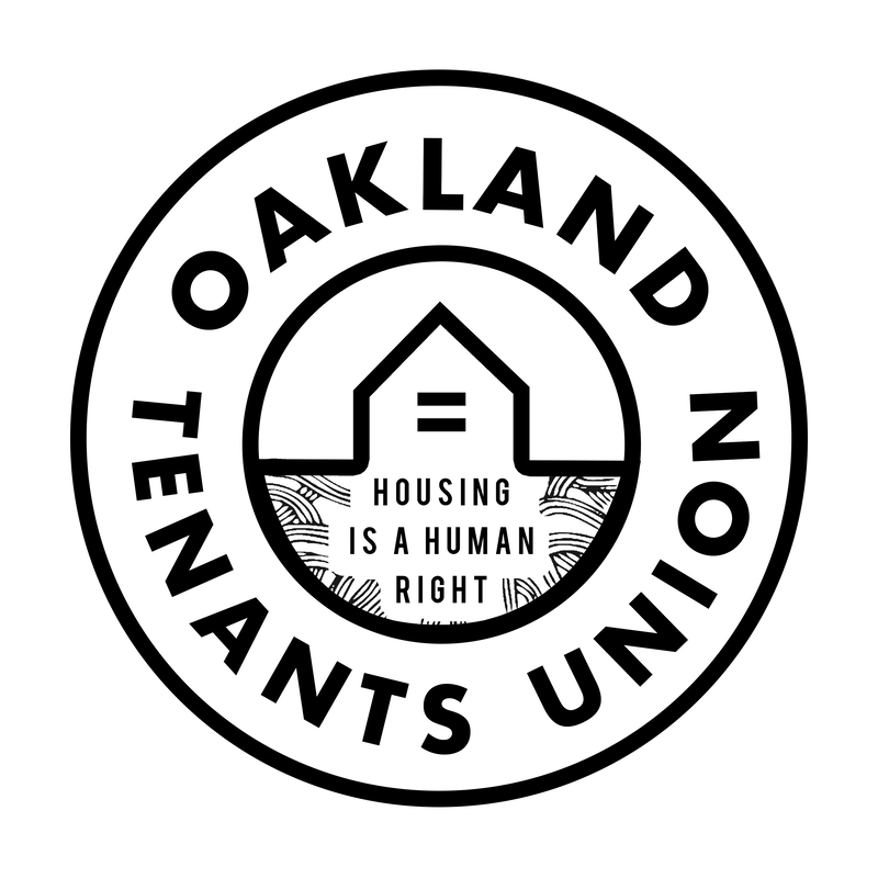 The Oakland Tenants Union Logo with an equal opportunity housing icon and the slogan "housing is a human right"
